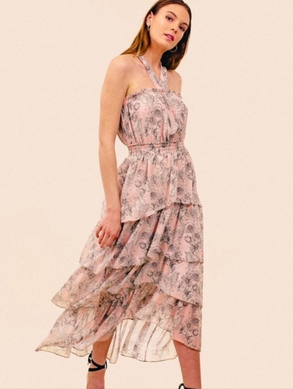 MISA‎ Los Angeles Pink Floral Valeria Ruffle Halter Tiered Maxi Dress Small